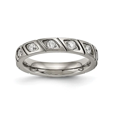 Chisel Titanium Polished with Cz Grooved Wedding Band Ring