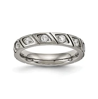 Chisel Titanium Polished with Cz Grooved Wedding Band Ring