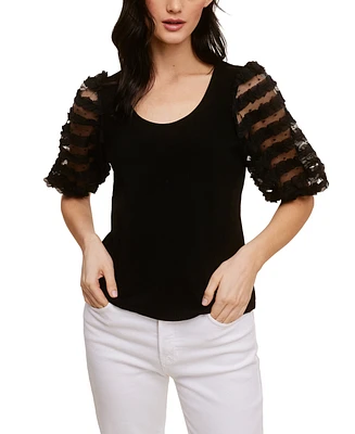 Fever Ribbed Knit Top With Ruffle Mesh Puff Sleeve