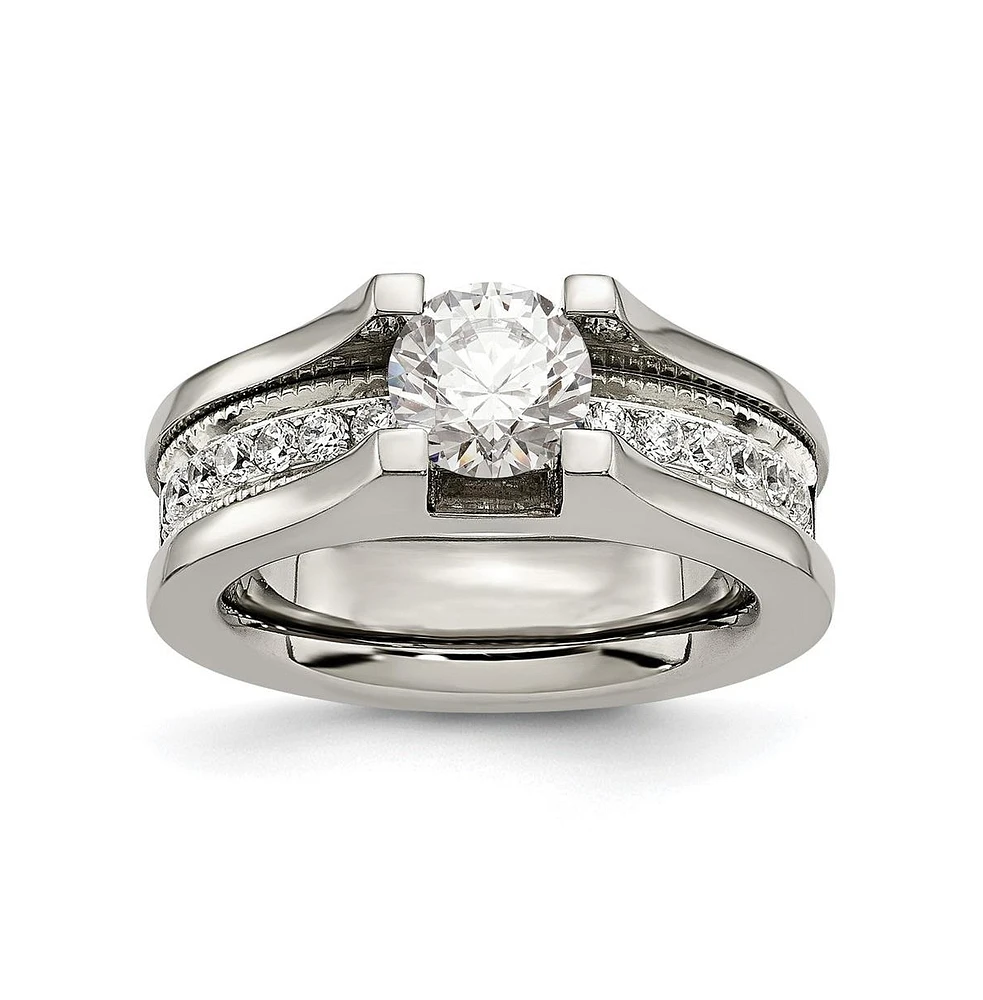 Chisel Titanium with Sterling Silver Accent Polished with Cz Ring