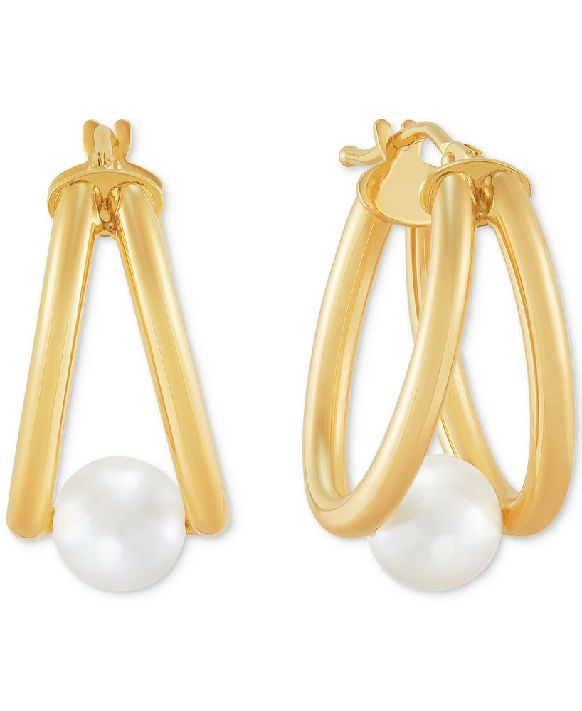 Honora Cultured Freshwater Pearl (6mm) Double Small Hoop Earrings in 14k Gold, 1"