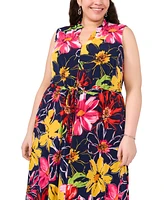 Msk Plus Printed V-Neck Tie-Waist Sleeveless Dress