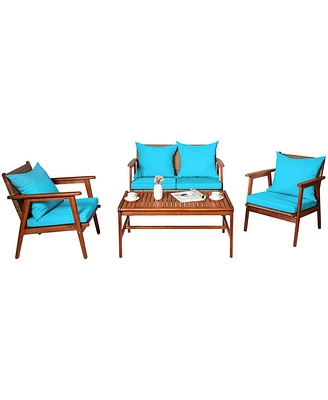 Sugift 4 Pieces Acacia Wood Patio Rattan Furniture Set with Cushions