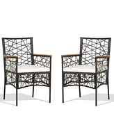 Sugift 2 Pieces Pe Wicker Patio Bistro Dining Chairs with Acacia Wood Armrests and Cushions