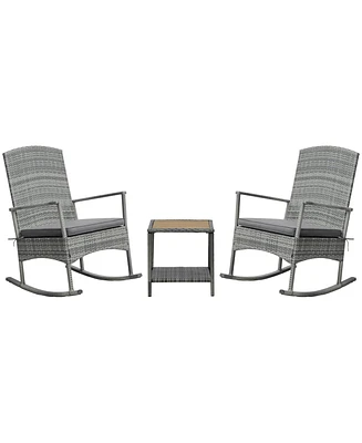 Outsunny 3pc Outdoor Rocking Chair Set, Pe Rat, 2-Tier Wood Table,