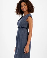 Connected Petite Pinstripe Belted Sleeveless Scuba Sheath Dress