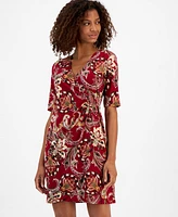 Connected Petite Printed Surplice-Neck Sheath Dress