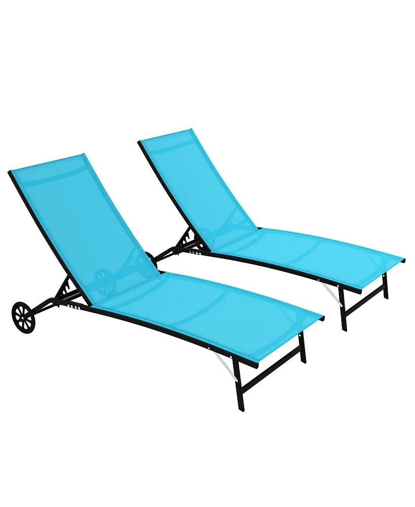 Outsunny Chaise Lounge Chair Patio Lounger with Two Wheels Set of 2 Dark Blue