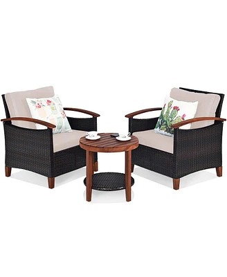 Sugift 3 Pieces Patio Wicker Furniture Set with Washable Cushion and Acacia Wood Tabletop