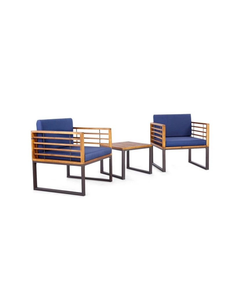 Sugift 3 Pieces Patio Acacia Wood Conversation Set with Cushioned Armchairs