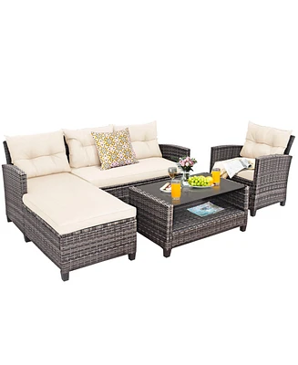Sugift 4 Pieces Patio Rattan Furniture Set with Cushion and Table Shelf
