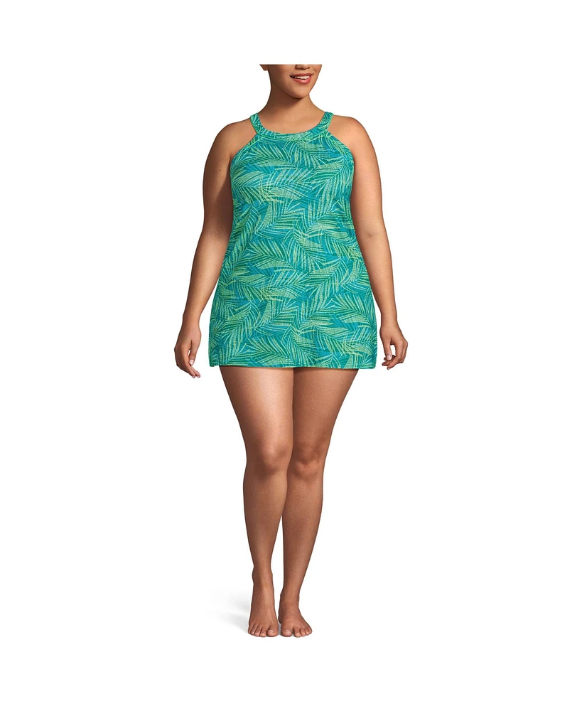 Lands' End Plus Chlorine Resistant High Neck Swim Dress One Piece Swimsuit