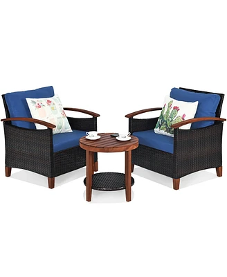 Sugift 3 Pieces Patio Wicker Furniture Set with Washable Cushion and Acacia Wood Tabletop