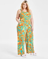 Bar Iii Trendy Plus Floral Wide-Leg Knit Jumpsuit, Created for Macy's