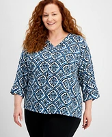 Jm Collection Plus Myra Medallion 3/4 Sleeve Top, Created for Macy's