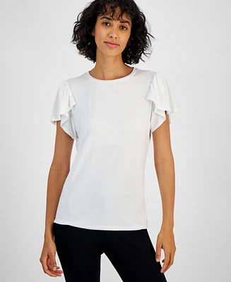 T Tahari Women's Crewneck Flutter-Sleeve Top