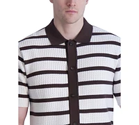 Karl Lagerfeld Paris Men's Slim-Fit Stripe Textured Sweater-Knit Button-Down Polo Shirt