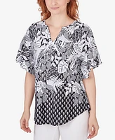 Ruby Rd. Petite Split Neck Tropical Foulard Puff Print Top