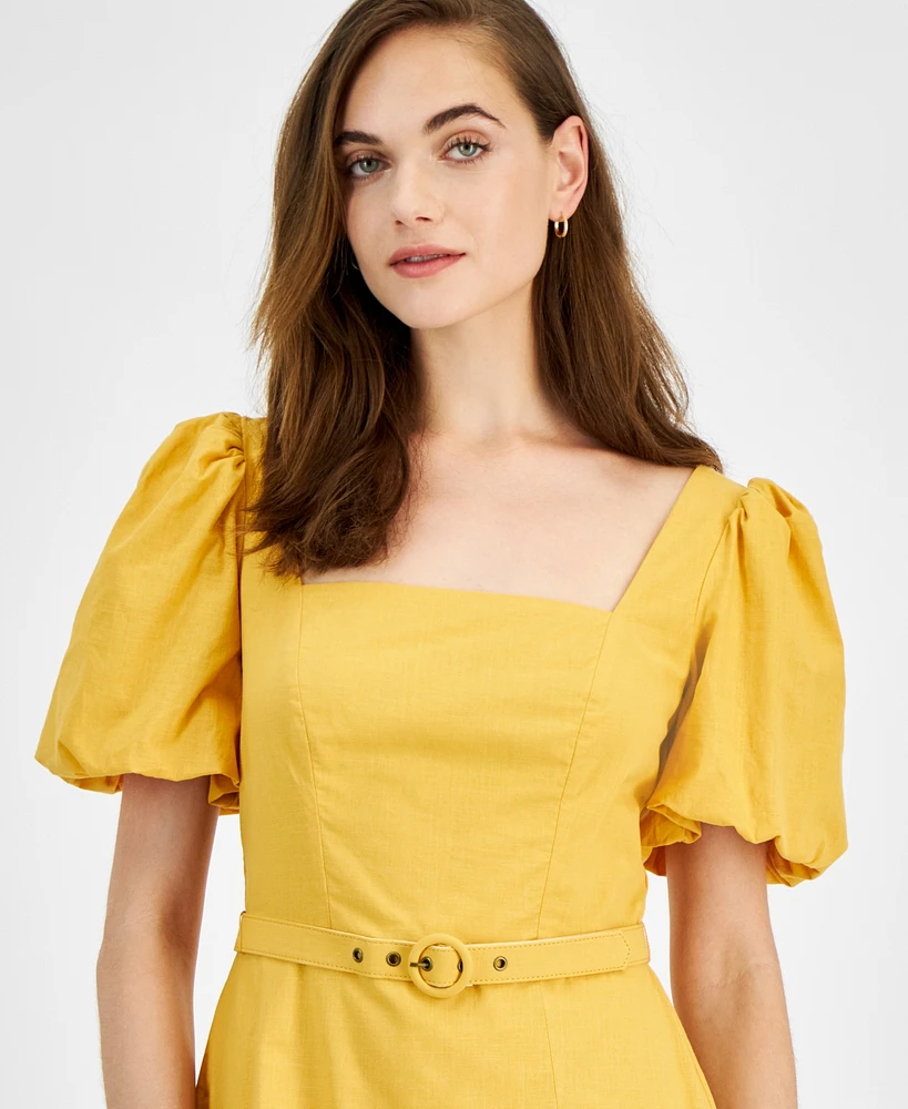 City Studios Juniors' Cotton Balloon-Sleeve Belted Mini Dress