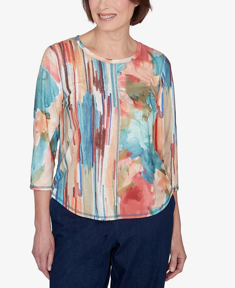 Alfred Dunner Sedona Sky Women's Spliced Floral Brushstroke Stripes Top