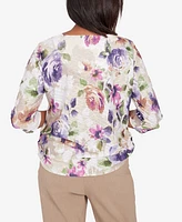 Alfred Dunner Charm School Women's Embellished Keyhole Floral Textured Top