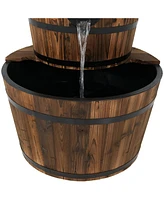 Sunnydaze Decor Rustic 2-Tier Wood Barrel Water Fountain with Hand Pump - 34 in