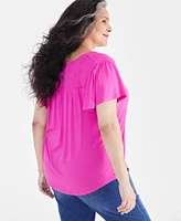 Style & Co Plus V-Neck Smocked-Shoulder Short-Sleeve Top, Created for Macy's