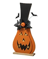 Glitzhome 29.5"H Halloween Lighted Wooden Jack-o-Lantern Porch Decor with Floral Timer