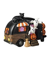 Glitzhome 9.25''L Halloween Polyresin Lighted Camper W/Ghost Pumpkin Black Cat Table Decor