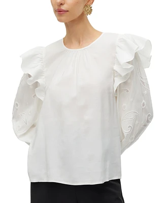 Vero Moda Women's Bilde Embroidered-Sleeve Frilled Top