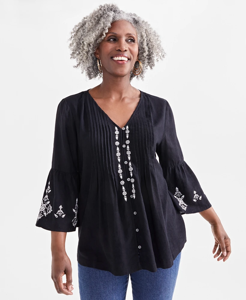 Style & Co Women's V-Neck Pintuck Embroidery Top, Created for Macy's