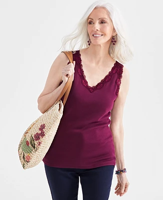 Style & Co Women's Lace-Trim Cotton Tank Top, Created for Macy's