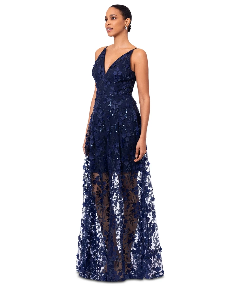 Xscape Women's 3D Floral-Applique Sequined Gown