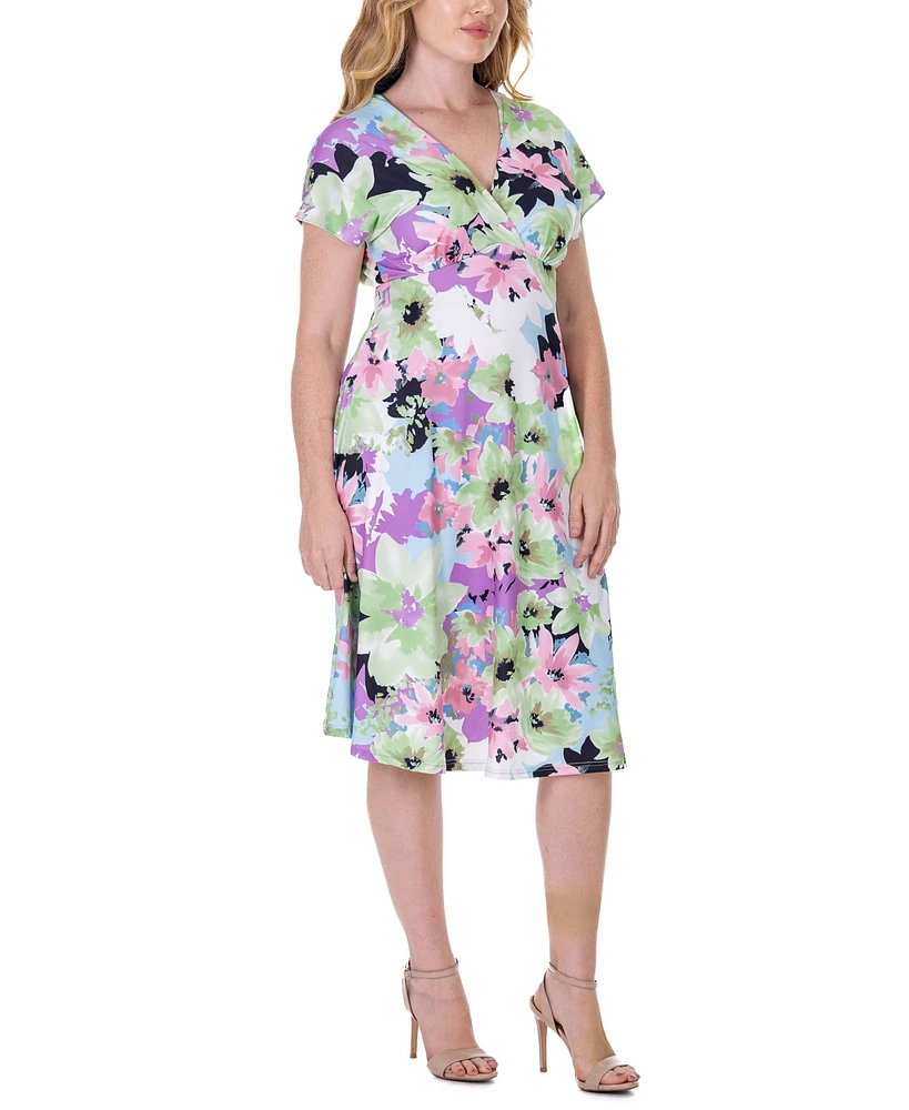 24seven Comfort Apparel Floral Print V Neck Empire Waist Kimono Cap Sleeve Knee Length Dress