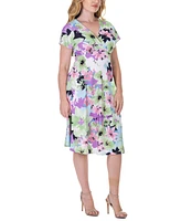 24seven Comfort Apparel Floral Print V Neck Empire Waist Kimono Cap Sleeve Knee Length Dress