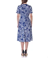 24seven Comfort Apparel Print Short Sleeve Tie Waist Midi Dress