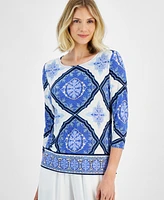 Jm Collection Women's Printed Scoop Neck 3/4-Sleeve Top, Created for Macy's