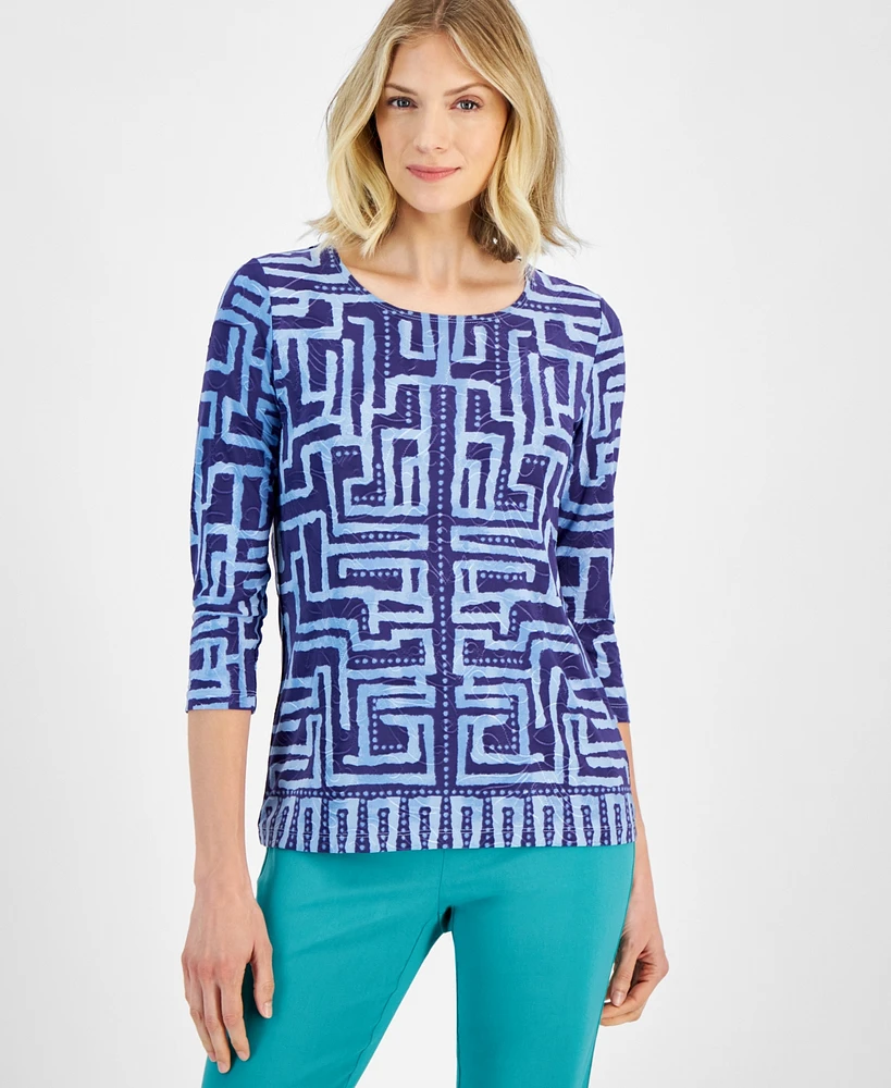 Jm Collection Petite Leah Labyrinth Print 3/4-Sleeve Top, Created for Macy's