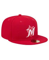 New Era Men's Red Miami Marlins White Logo 59Fifty Fitted Hat