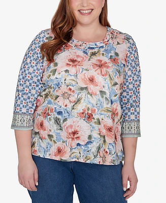 Alfred Dunner Plus Scottsdale Floral Geometric Triple Knot Top