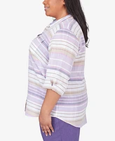 Alfred Dunner Plus Charm School Horizontal Stripe Button Down Top