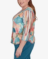 Alfred Dunner Plus Sedona Sky Spliced Floral Brushstroke Stripes Top