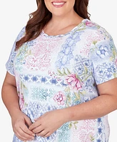 Alfred Dunner Plus Patchwork Floral Braided Neck Tee