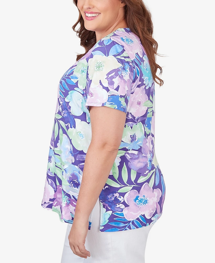 Alfred Dunner Plus Pleated Neck Floral Short Sleeve Tee