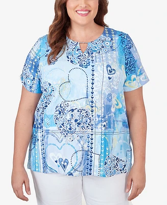 Alfred Dunner Plus Patchwork Hearts Split Neck Tee