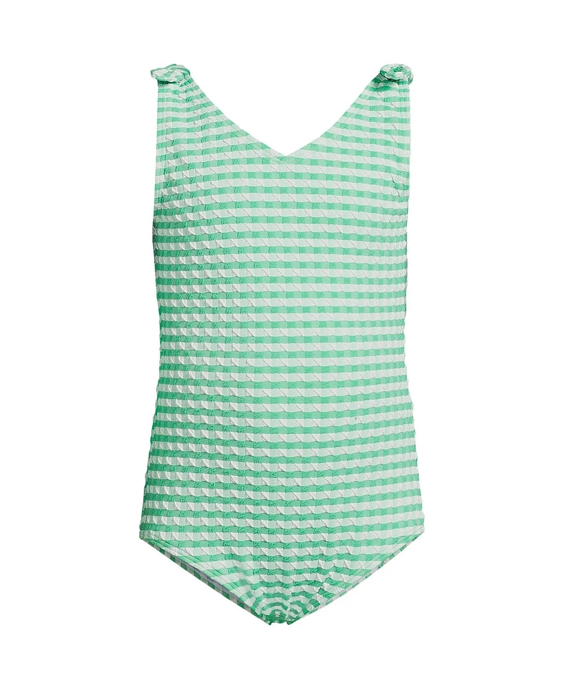 Lands' End Girls Chlorine Resistant Gingham Tie Shoulder One Piece Swimsuit