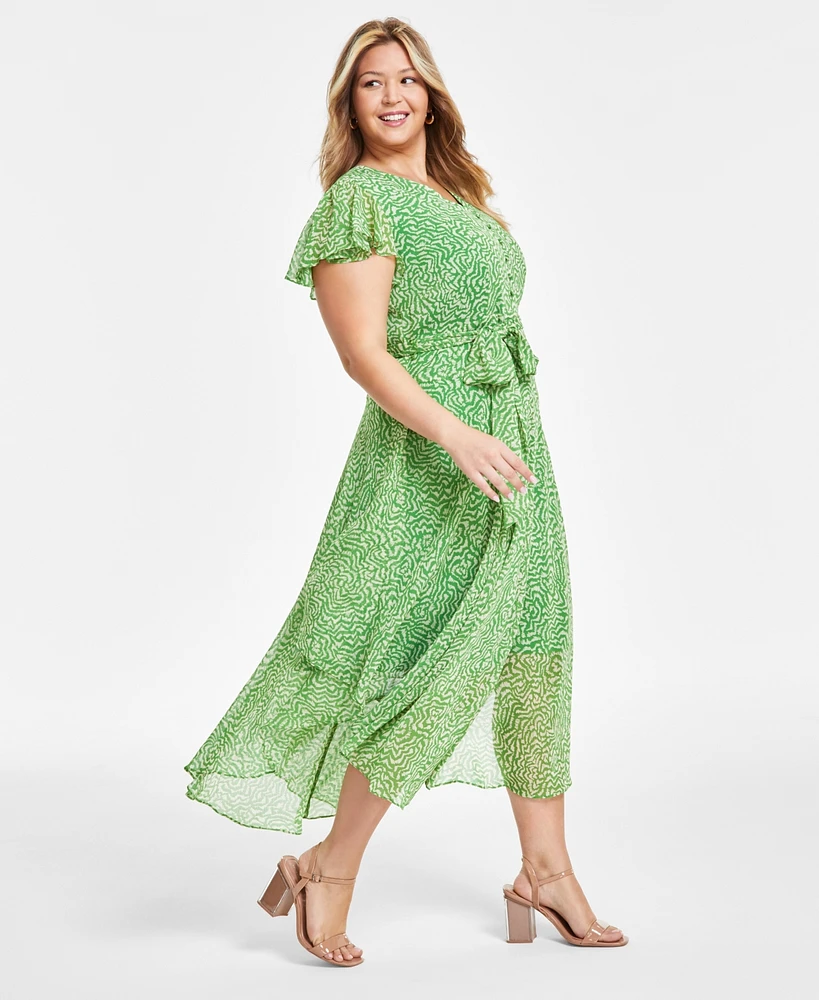 Vince Camuto Plus Size Printed V-Neck Flutter-Sleeve Dress