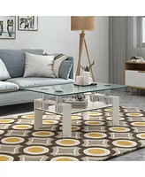 Slickblue Rectangle Glass Coffee Table with Metal Legs for Living Room-White