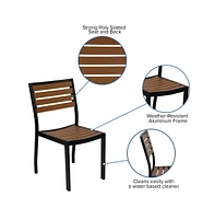 Forrest Five Piece Faux Teak Patio Dining Set - Table, Two Armless Stacking Club Chairs, 9' Gray Umbrella And Base