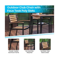 Hampstead Five Piece Faux Teak Patio Dining Set Includes Table, Two Club Chairs, 9' Umbrella And Base